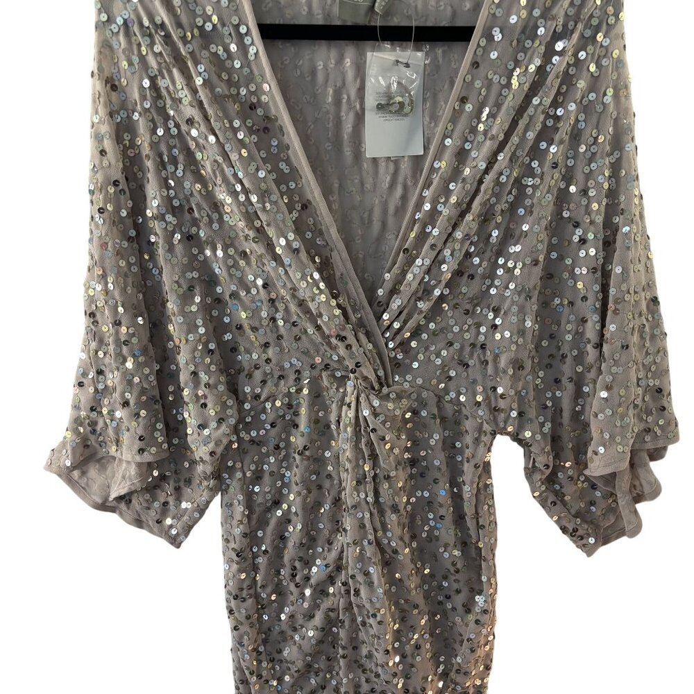 ASOS Beige Sequin Wrap Mini Dress With Flared Sleeves V-Neck Size 6 Polyester Bl - Picture 7 of 8